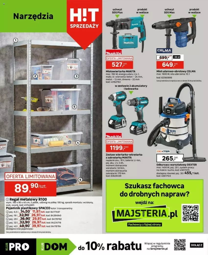 Gazetka promocyjna Leroy Merlin - ważna 17.11.2022 do 26.11.2023 - strona 19 - produkty: Akumulator, Bateria, Celma, Cynk, Dźwig, Fa, Makita, Młot, Młot udarowo-obrotowy, Młotowiertarka, Odkurzacz, Odkurzacz warsztatowy, Pojemnik, Pojemnik plastikowy, Regał, Regał metalowy, Tarka, Tran, Wiertarka, Wkręt, Wkrętarka