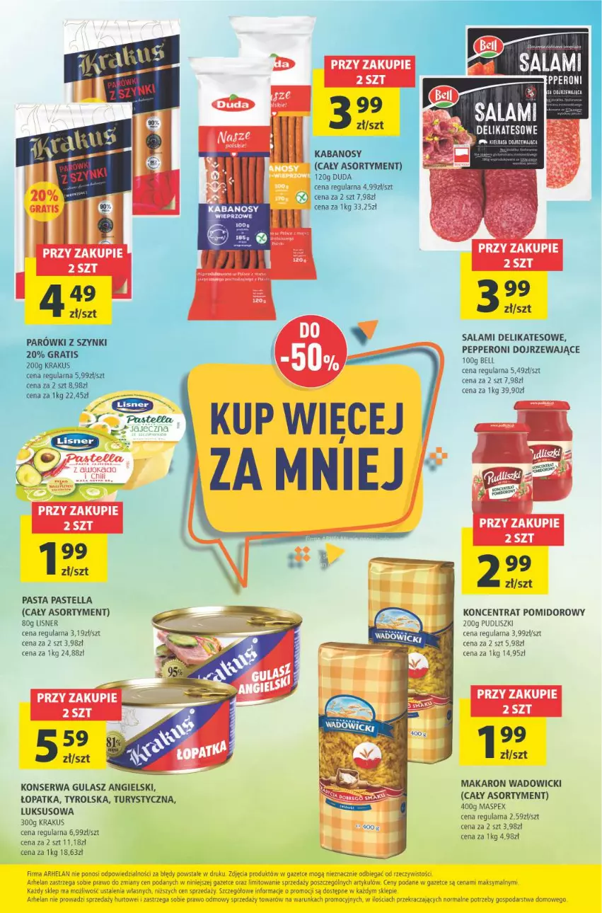 Gazetka promocyjna Arhelan - Gazetka - ważna 09.04 do 18.04.2021 - strona 24 - produkty: Bell, Duda, Gra, Kabanos, Koncentrat pomidorowy, Krakus, Lisner, Makaron, Parówki, Parówki z szynki, Pastella, Pudliszki, Salami, Ser