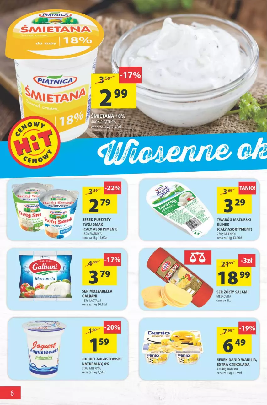 Gazetka promocyjna Arhelan - Gazetka - ważna 09.04 do 18.04.2021 - strona 6 - produkty: Czekolada, Danio, Danone, Galbani, Jogurt, Mleko, Mlekovita, Mozzarella, Piątnica, Salami, Ser, Serek, Serek puszysty, Twaróg, Twój Smak, Vita C