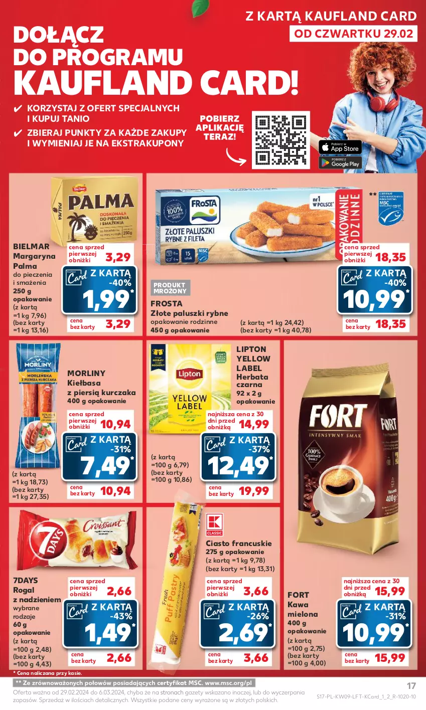 Gazetka promocyjna Kaufland - Gazetka tygodnia - ważna 29.02 do 06.03.2024 - strona 17 - produkty: Ciasto francuskie, Frosta, Gra, Herbata, Herbata czarna, Kawa, Kawa mielona, Kiełbasa, Kurczak, Lipton, Margaryna, Morliny, Palma, Paluszki rybne, Piec, Rogal