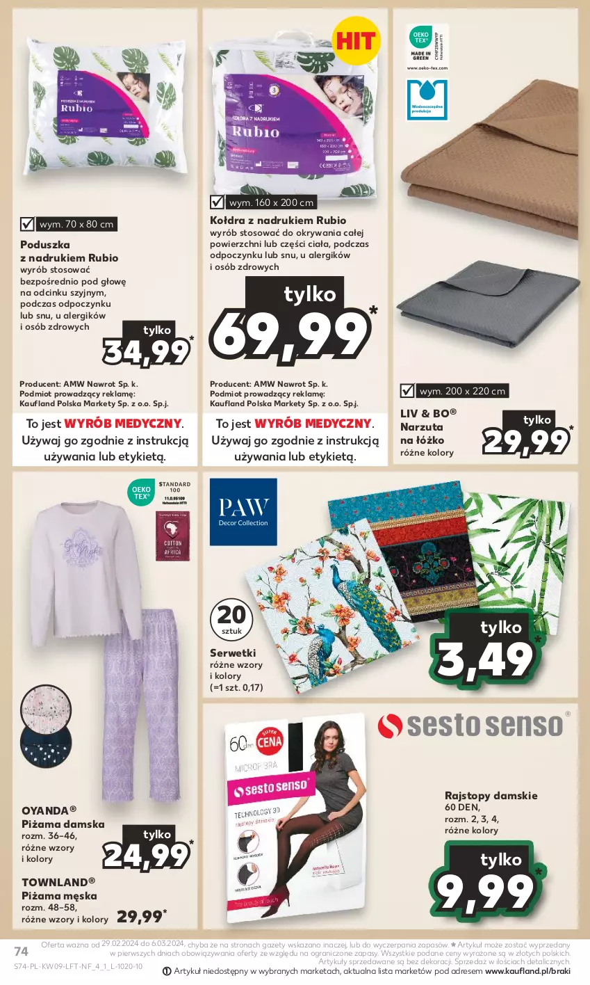 Gazetka promocyjna Kaufland - Gazetka tygodnia - ważna 29.02 do 06.03.2024 - strona 74 - produkty: Dres, Gra, Kołdra, Narzuta, Piżama, Poduszka, Rajstopy, Ser, Serwetki, Top