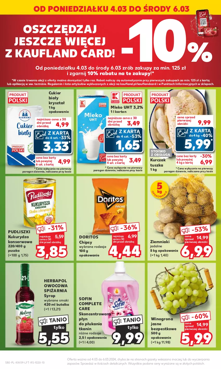 Gazetka promocyjna Kaufland - Gazetka tygodnia - ważna 29.02 do 06.03.2024 - strona 80 - produkty: Chipsy, Cukier, Herbapol, Kukurydza, Kukurydza konserwowa, Kurczak, Mleko, Płyn do płukania, Pudliszki, Ser, Syrop, Tusz, Wino, Winogrona, Ziemniaki