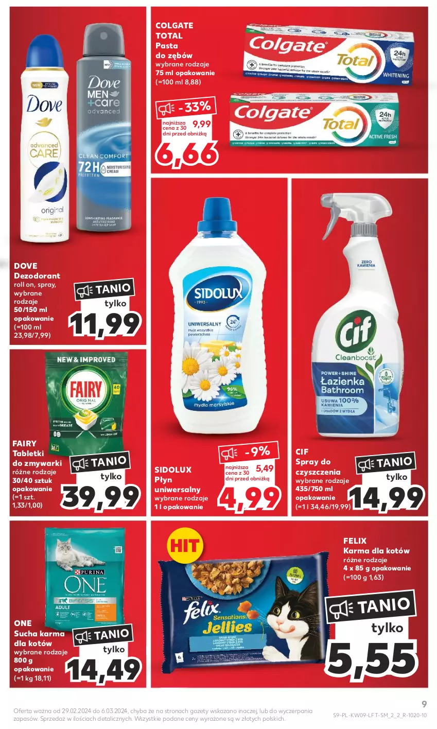 Gazetka promocyjna Kaufland - Gazetka tygodnia - ważna 29.02 do 06.03.2024 - strona 9 - produkty: Cif, Colgate, Colgate Total, Dezodorant, Dove, Fa, Fairy, Felix, LG, Pasta do zębów, Sidolux, Spray do czyszczenia, Sucha karma, Tablet, Tabletki do zmywarki, Zmywarki