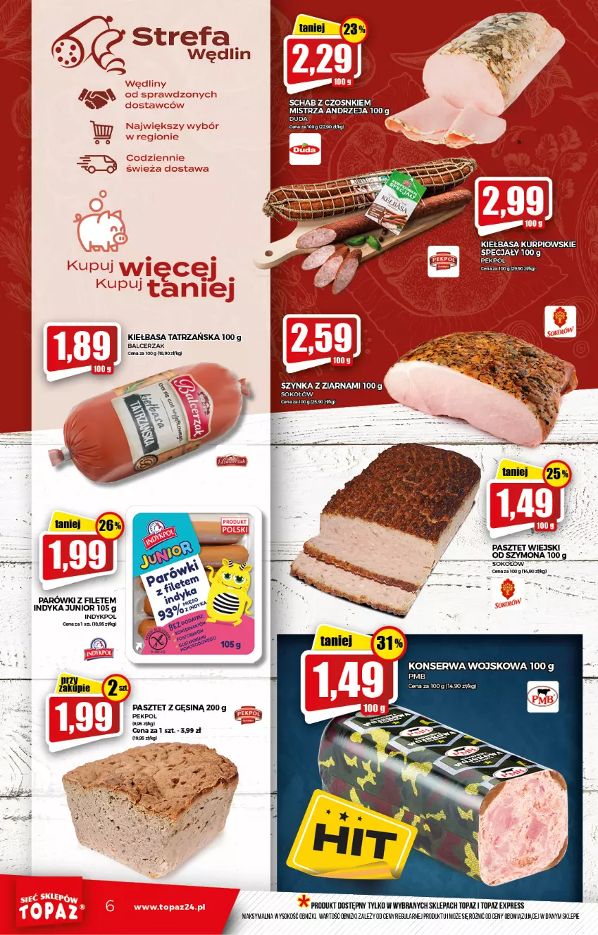 Gazetka promocyjna Topaz - Gazetka - ważna 12.11 do 17.11.2021 - strona 6 - produkty: Fa, Kiełbasa, Parówki, Pasztet, Pekpol, Sok, Sokołów, Szynka, Top