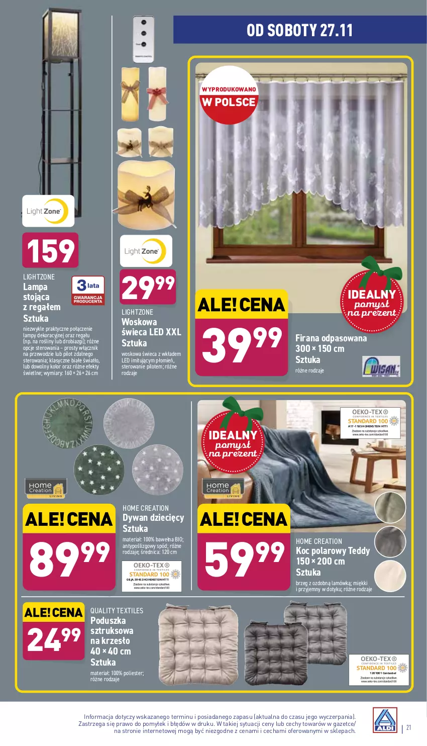 Gazetka promocyjna Aldi - Katalog Moda i Dom - ważna 22.11 do 27.11.2021 - strona 21 - produkty: Dywan, Dzieci, Firana, Koc, Krzesło, Lampa, Poduszka, Regał, Wełna