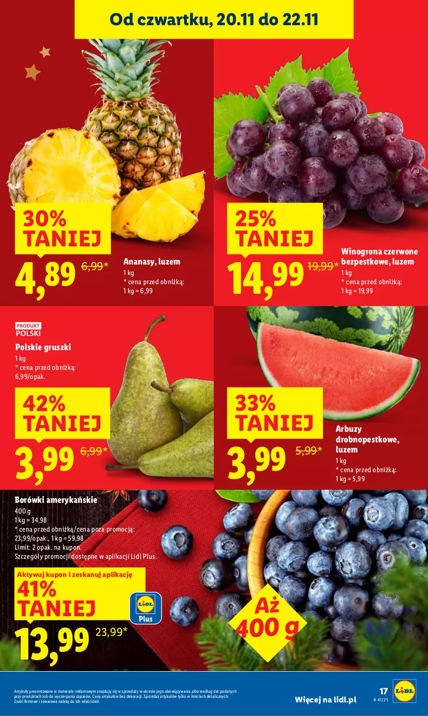 Gazetka promocyjna Lidl - GAZETKA - ważna 20.11 do 22.11.2025 - strona 19 - produkty: Ananas, Arbuz, Gruszki, Wino, Winogrona
