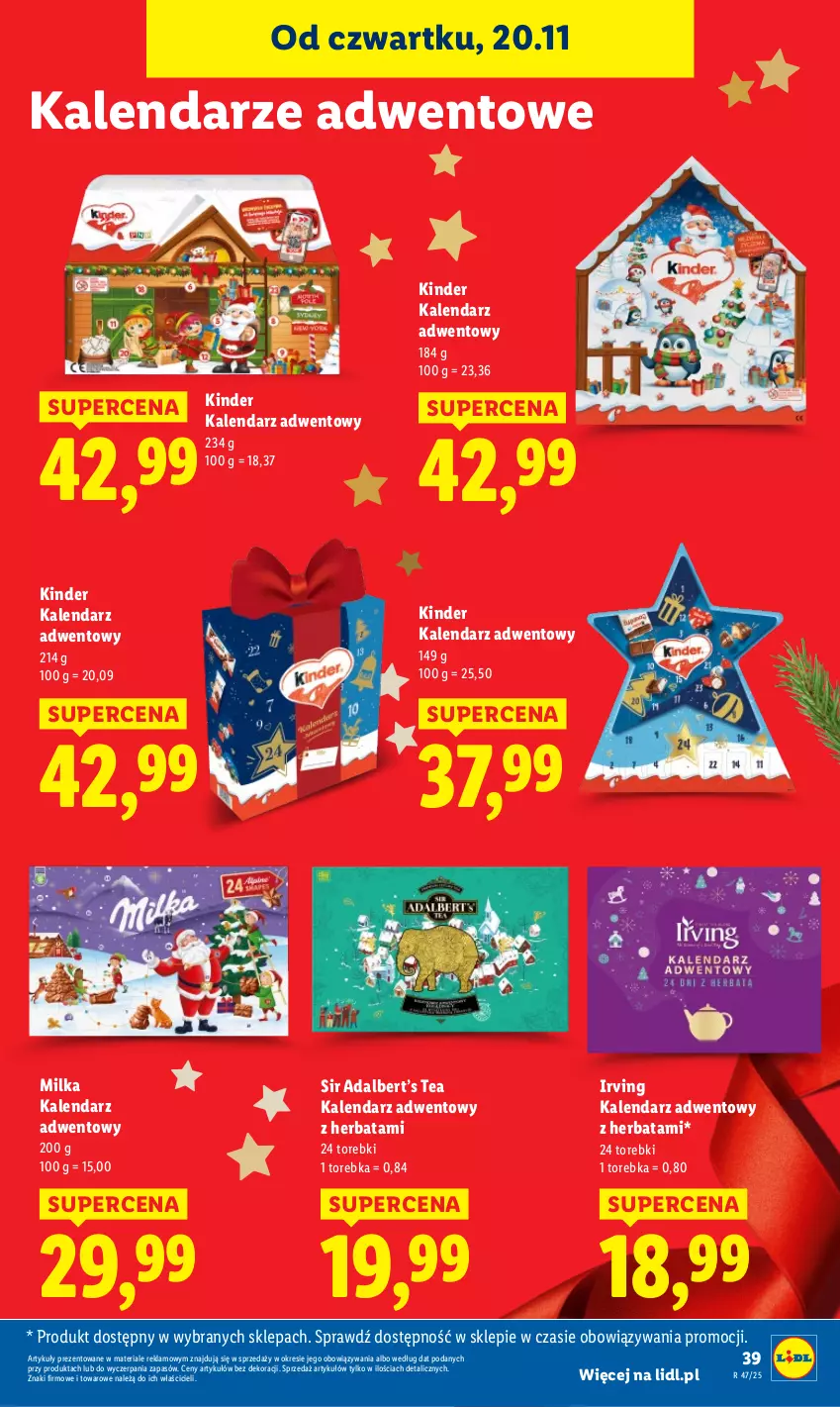 Gazetka promocyjna Lidl - GAZETKA - ważna 20.11 do 22.11.2025 - strona 41 - produkty: Herbata, Irving, Kalendarz, Kalendarz adwentowy, Kinder, Milka, Torebka