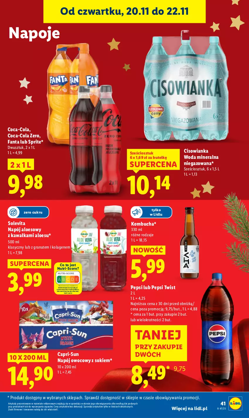 Gazetka promocyjna Lidl - GAZETKA - ważna 20.11 do 22.11.2025 - strona 43 - produkty: Cisowianka, Coca-Cola, Fa, Fanta, Gra, Granat, Kawa, Kolagen, Napój, Napoje, Pepsi, Sok, Sprite, Wazon, Woda, Woda mineralna