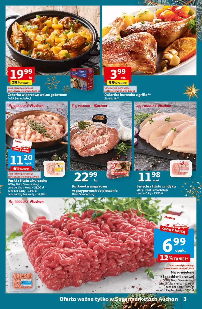 Gazetka promocyjna Auchan - Gazetka Magia Świąt Część 4 Supermarket Auchan - ważna 07.12 do 13.12.2023 - strona 3 - produkty: Karkówka wieprzowa, Kurczak, Mięso, Piec