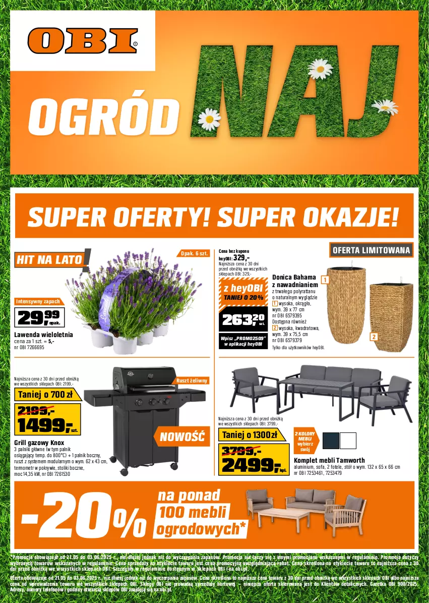 Gazetka promocyjna Obi - Gazetka OBI - ważna 21.05 do 03.06.2025 - strona 1 - produkty: Dres, Fa, Fotel, Grill, Grill gazowy, Hama, Sofa, Sok, Stół, Stolik, Telefon, Termometr