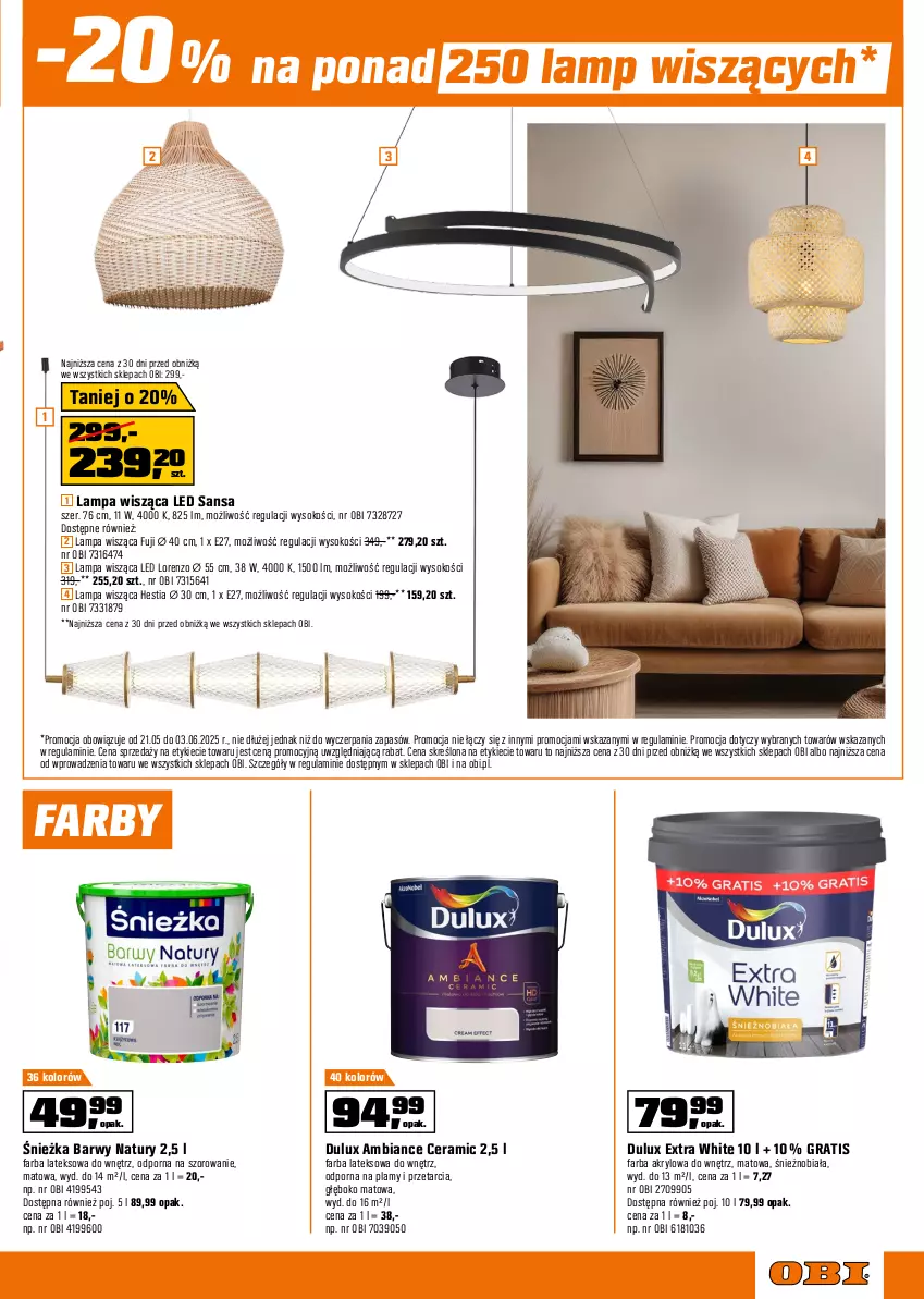 Gazetka promocyjna Obi - Gazetka OBI - ważna 21.05 do 03.06.2025 - strona 9 - produkty: Dulux, Dzwonek, Fa, Farba akrylowa, Farba lateksowa, Gra, Hibiskus, Inka, Kabel USB, Lampa, Lampa wisząca, Lorenz, Ogród, Por, Róża, Sok