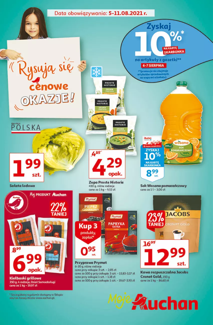 Gazetka promocyjna Auchan - Rysują się cenowe okazje Moje Auchan - ważna 05.08 do 11.08.2021 - strona 1 - produkty: Grill, Jacobs, Kawa, Kawa rozpuszczalna, Prymat, Sałat, Sałata lodowa, Sok, Wosana, Zupa