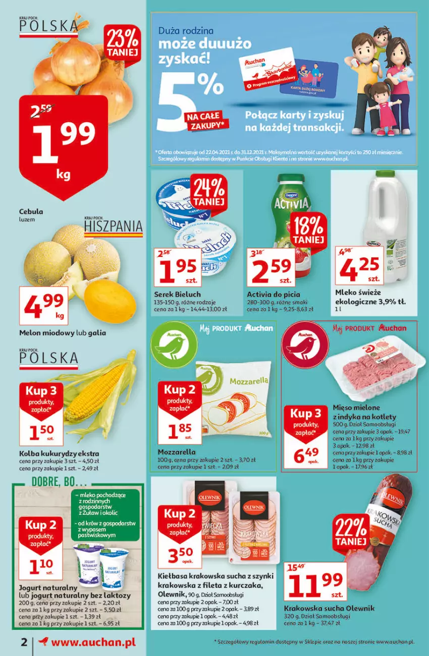 Gazetka promocyjna Auchan - Rysują się cenowe okazje Moje Auchan - ważna 05.08 do 11.08.2021 - strona 2 - produkty: Activia, Bieluch, Jogurt, Jogurt naturalny, Kiełbasa, Kiełbasa krakowska, Kotlet, Kurczak, Melon, Mięso, Mięso mielone, Mleko, Mozzarella, Olewnik, Ser, Serek, Tera