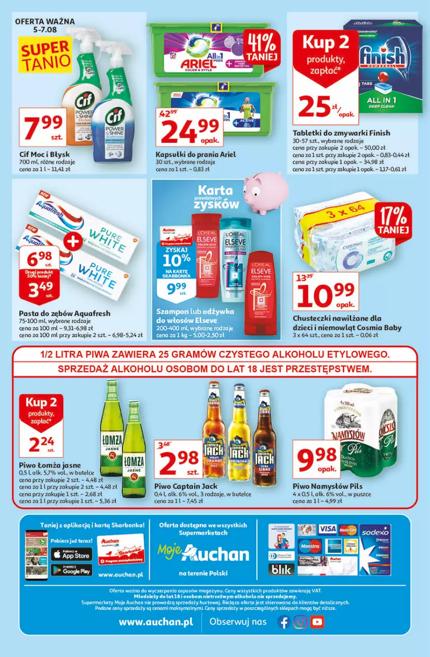 Gazetka promocyjna Auchan - Rysują się cenowe okazje Moje Auchan - ważna 05.08 do 11.08.2021 - strona 4 - produkty: Aquafresh, Ariel, Captain Jack, Chusteczki, Cif, Dzieci, Elseve, Finish, Gra, Kapsułki do prania, LG, Namysłów, Pasta do zębów, Piwa, Piwo, Ser, Tablet, Tabletki do zmywarki, Tera, Zmywarki