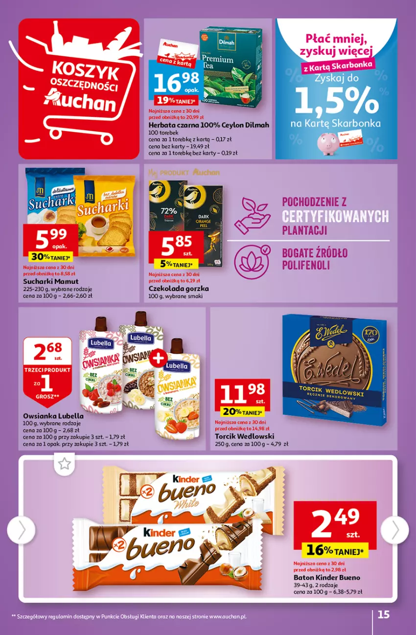 Gazetka promocyjna Auchan - Gazetka Tanie Zakupy Hipermarket Auchan - ważna 03.08 do 09.08.2023 - strona 15 - produkty: Baton, Bell, Bella, Czekolada, Czekolada gorzka, Dilmah, Herbata, Herbata czarna, Kinder, Kinder Bueno, Lubella, Owsianka