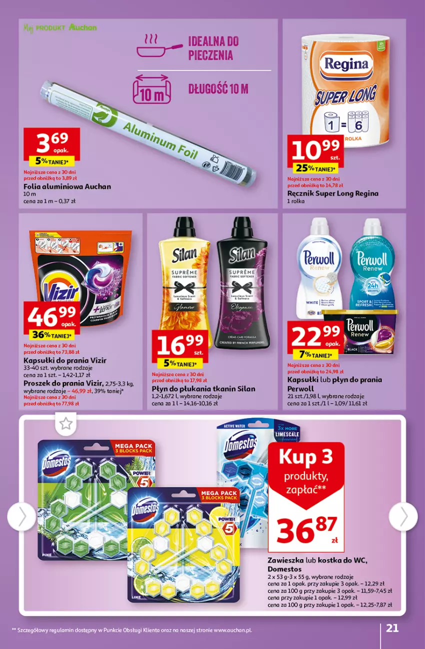 Gazetka promocyjna Auchan - Gazetka Tanie Zakupy Hipermarket Auchan - ważna 03.08 do 09.08.2023 - strona 21 - produkty: Domestos, Folia aluminiowa, Gin, Kapsułki do prania, Kostka do wc, Perwoll, Piec, Płyn do płukania, Płyn do prania, Proszek do prania, Ręcznik, Silan, Vizir