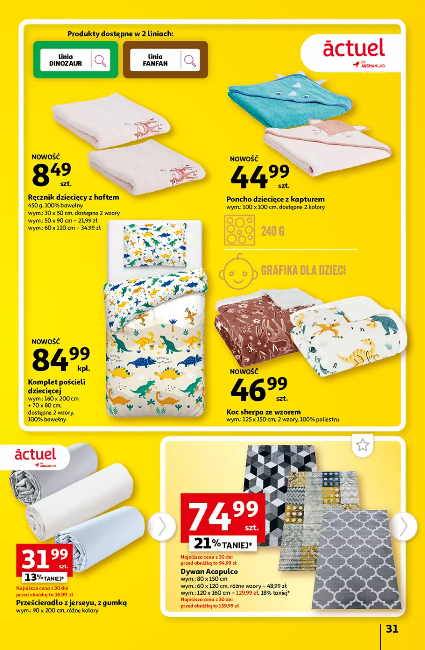 Gazetka promocyjna Auchan - Gazetka Tanie Zakupy Hipermarket Auchan - ważna 03.08 do 09.08.2023 - strona 31 - produkty: Dinozaur, Dywan, Dzieci, Fa, Koc, Komplet pościeli, Pościel, Prześcieradło, Ręcznik