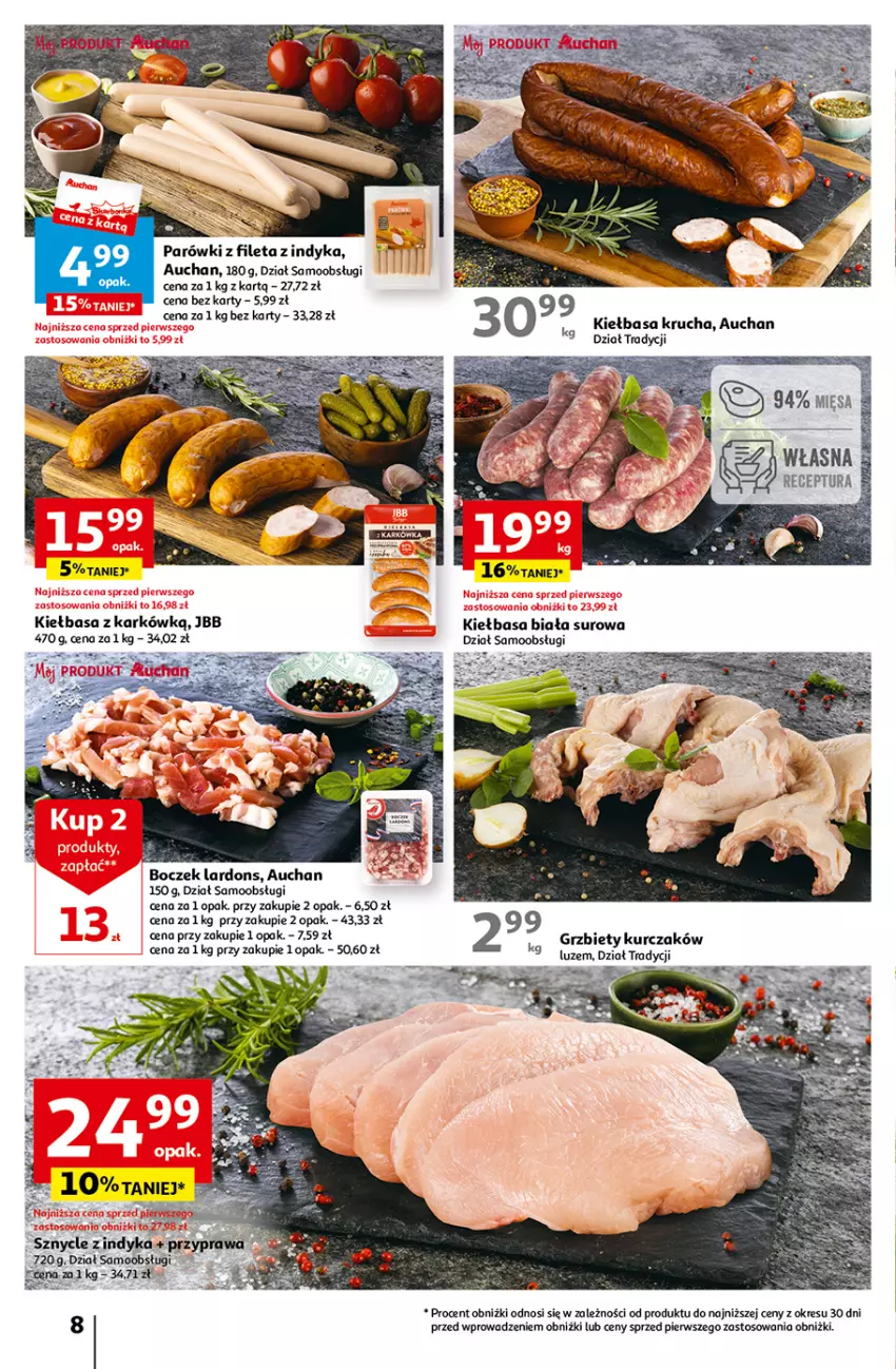 Gazetka promocyjna Auchan - Gazetka Tanie Zakupy Hipermarket Auchan - ważna 03.08 do 09.08.2023 - strona 8 - produkty: Boczek, Kiełbasa, Kiełbasa biała, Kiełbasa krucha, Kurczak, Parówki