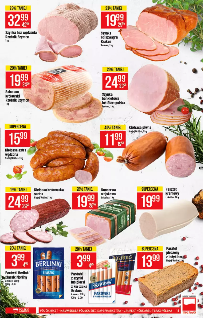 Gazetka promocyjna PoloMarket - Gazetka pomocyjna - ważna 02.01 do 11.01.2022 - strona 11 - produkty: Berlinki, Kiełbasa, Kiełbasa krakowska, Kiełbasa piwna, Krakus, Królewski, Kurczak, Madej Wróbel, Parówki, Parówki z szynki, Pasztet, Piec, Salceson, Ser, Szynka