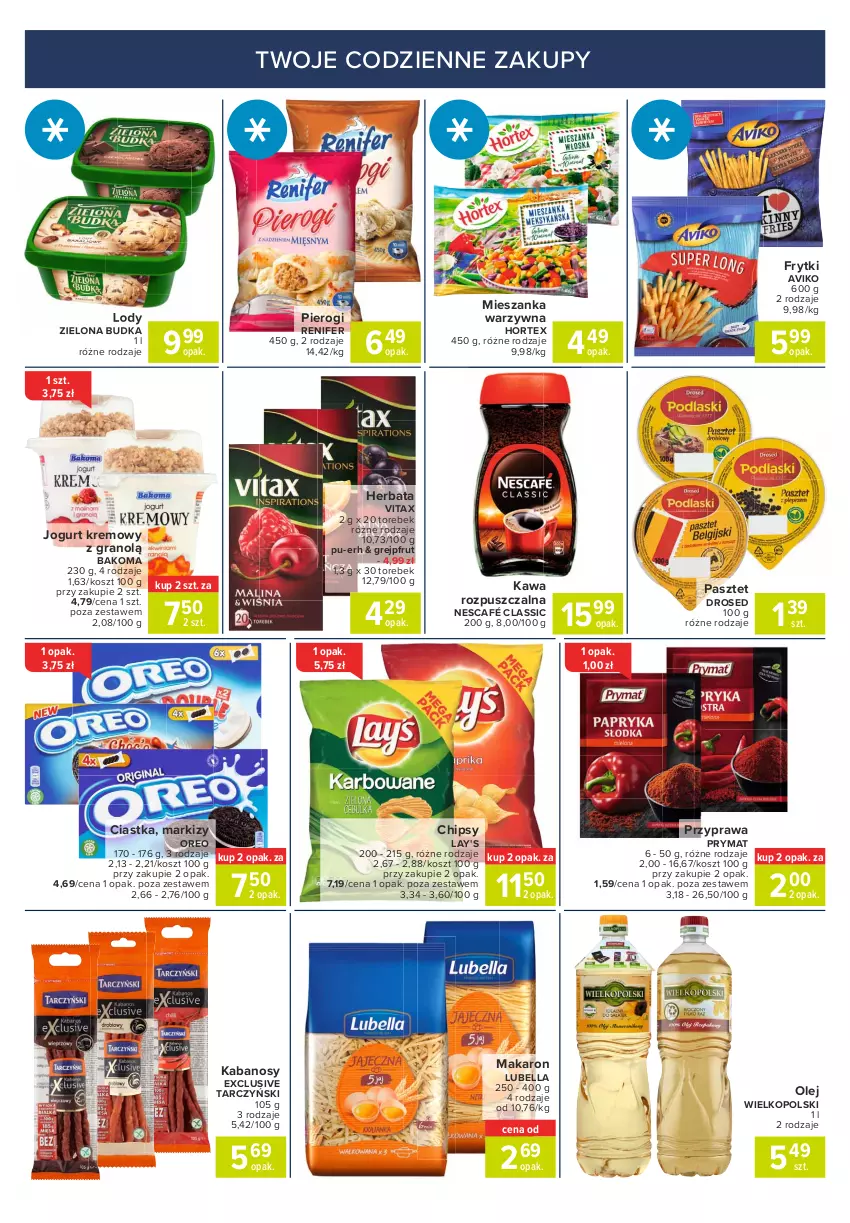 Gazetka promocyjna Carrefour - Gazetka Express - ważna 08.03 do 15.03.2021 - strona 2 - produkty: Bakoma, Bell, Bella, Chipsy, Ciastka, Frytki, Gra, Grejpfrut, Herbata, Hortex, Jogurt, Kabanos, Kawa, Kawa rozpuszczalna, Kosz, Lody, Lubella, Makaron, Mieszanka warzyw, Nescafé, Olej, Oreo, Pasztet, Pierogi, Prymat, Renifer, Tarczyński, Vitax, Zielona Budka