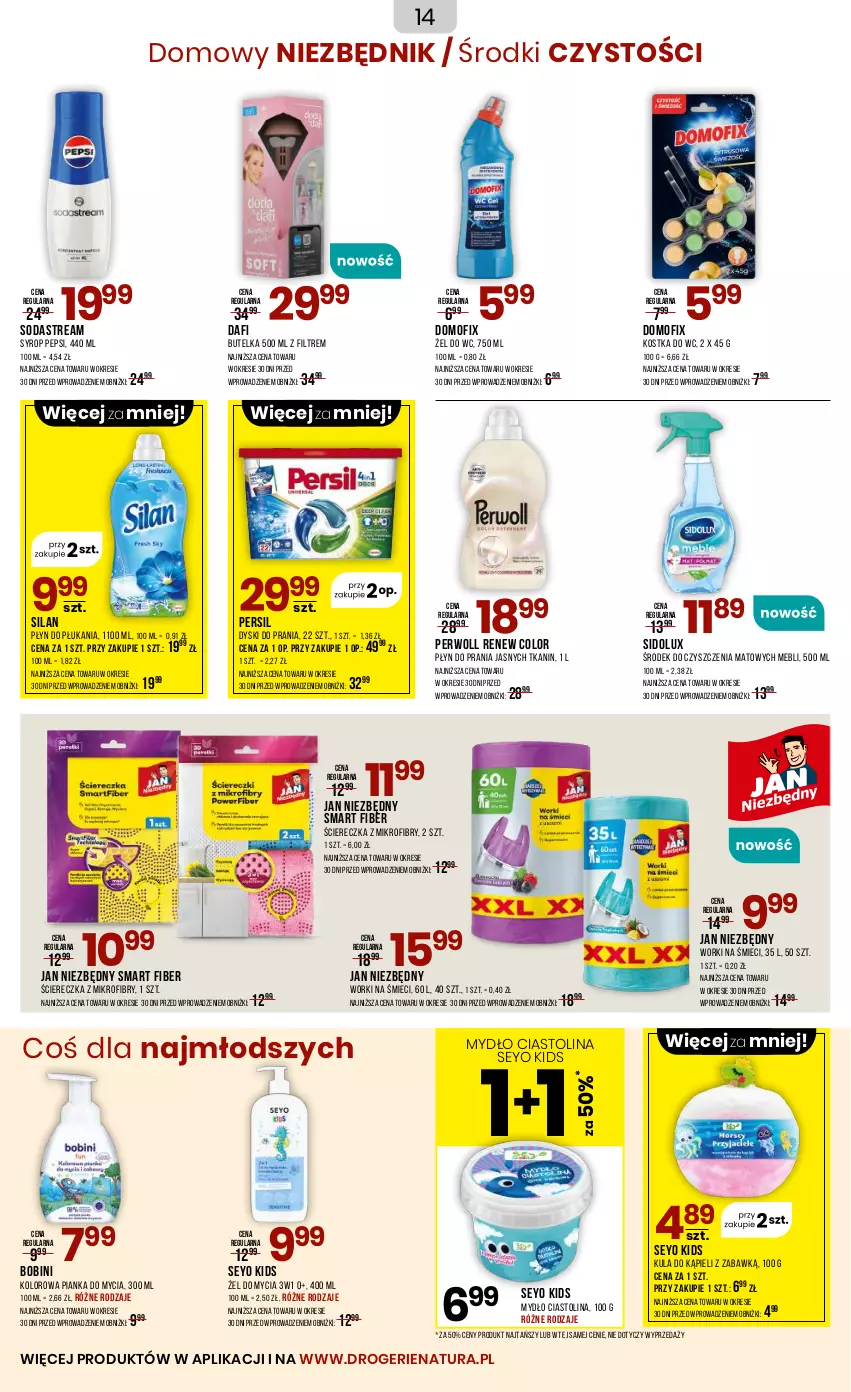 Gazetka promocyjna Drogerie Natura - Gazetka Drogerie Natura - ważna 23.07 do 03.08.2025 - strona 14 - produkty: Jan Niezbędny, Kostka do wc, Kula do kąpieli, Mydło, Pepsi, Persil, Perwoll, Płyn do płukania, Płyn do prania, Sidolux, Silan, Syrop, Worki na śmiec, Worki na śmieci