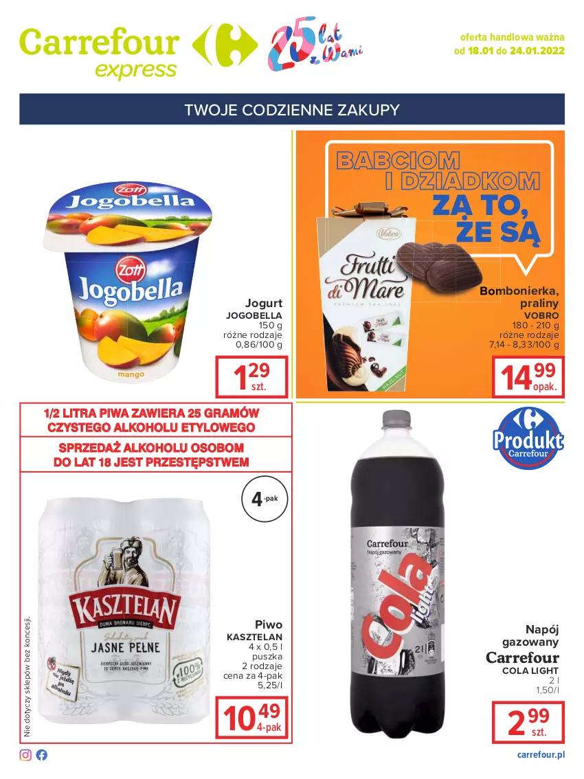 Gazetka promocyjna Carrefour - Gazetka Express - ważna 18.01 do 24.01.2022 - strona 2 - produkty: Bell, Bella, Gra, Jogobella, Jogurt, Kasztelan, Napój, Napój gazowany, Piwa, Piwo, Praliny