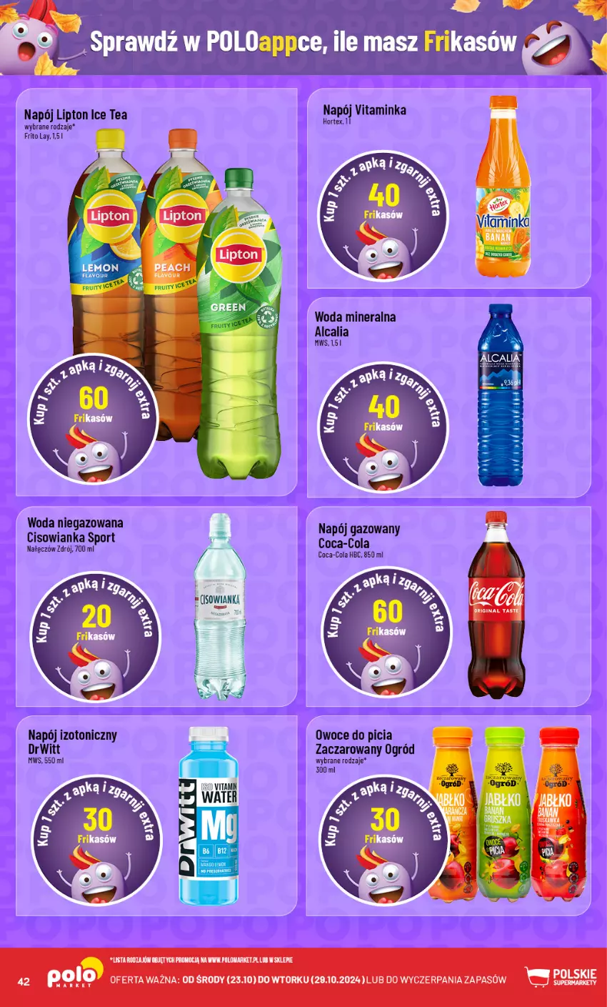 Gazetka promocyjna PoloMarket - Gazetka pomocyjna - ważna 23.10 do 29.10.2024 - strona 42 - produkty: Cisowianka, Coca-Cola, Ice tea, Inka, Lipton, Napój, Napój izotoniczny, Ogród, Owoce, Por, Sport, Woda, Woda mineralna, Woda niegazowana