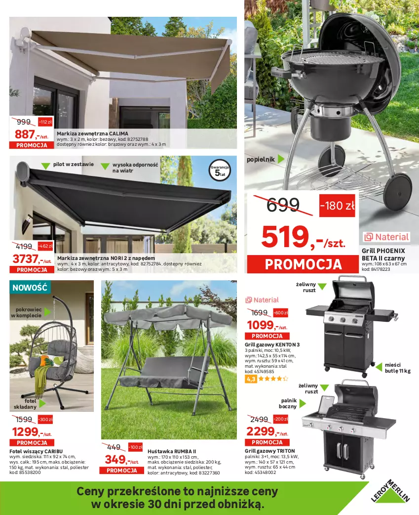 Gazetka promocyjna Leroy Merlin - Gazetka Leroy Merlin - ważna 14.04 do 09.05.2023 - strona 3 - produkty: Fa, Fotel, Grill, Grill gazowy, Huśtawka, Krzesło, Markiza, Meble, Parasol, Pokrowiec, Por, Puf, Rum, Ser, Siedzisko, Sofa, Sofa narożna, Sok, Stół