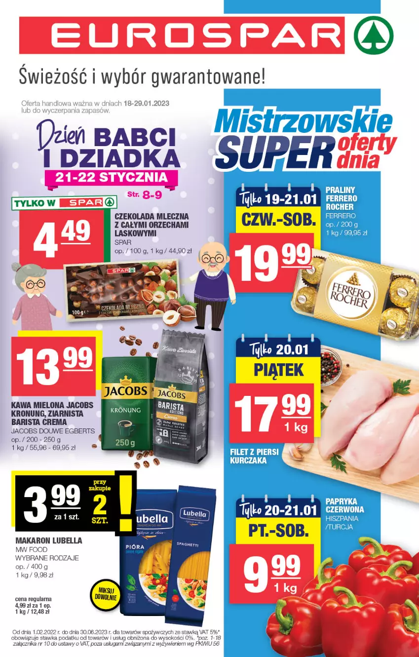 Gazetka promocyjna Spar - EuroSpar - ważna 15.01 do 25.01.2023 - strona 1 - produkty: Bell, Bella, Czekolada, Czekolada mleczna, Ferrero, Ferrero Rocher, Filet z piersi kurczaka, Jacobs, Kawa, Kawa mielona, Kurczak, Lubella, Makaron, Papryka, Papryka czerwona, Sok