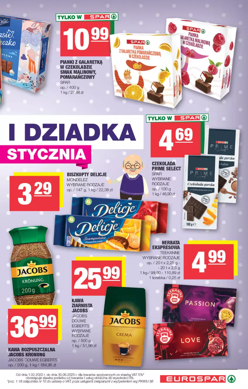 Gazetka promocyjna Spar - EuroSpar - ważna 15.01 do 25.01.2023 - strona 9 - produkty: Biszkopty, Czekolada, Delicje, Fa, Gala, Herbata, Jacobs, Kawa, Kawa rozpuszczalna, Kawa ziarnista, Sok, Teekanne, Torebka