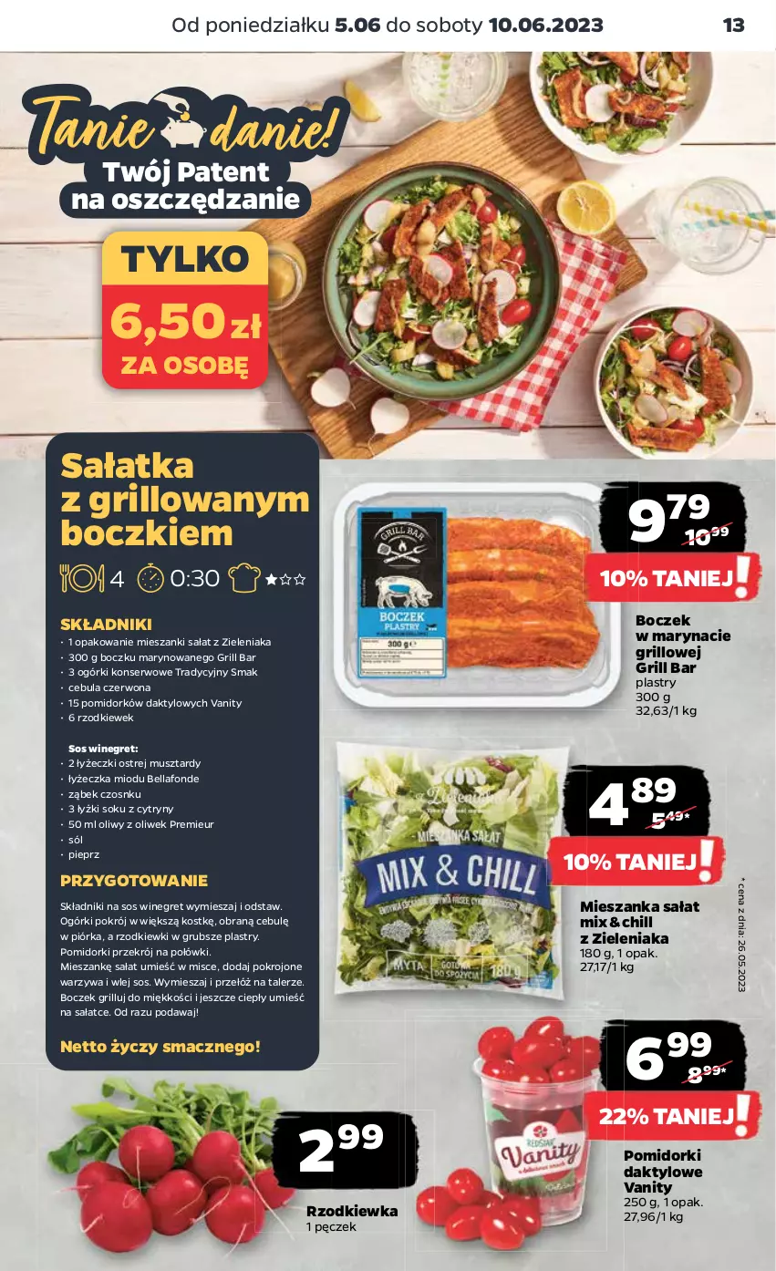 Gazetka promocyjna Netto - Artykuły spożywcze - ważna 05.06 do 10.06.2023 - strona 13 - produkty: Bell, Bella, Boczek, Cebula, Cebula czerwona, Cytryny, Grill, Mieszanka sałat, Mus, Ogórki konserwowe, Pieprz, Pomidorki, Rzodkiewka, Sałat, Sałatka, Ser, Sok, Sól, Sos, Talerz, Warzywa