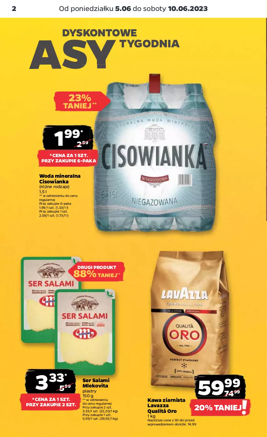 Gazetka promocyjna Netto - Artykuły spożywcze - ważna 05.06 do 10.06.2023 - strona 2 - produkty: Cisowianka, Kawa, Kawa ziarnista, Lavazza, Mleko, Mlekovita, Salami, Ser, Ser salami, Woda, Woda mineralna