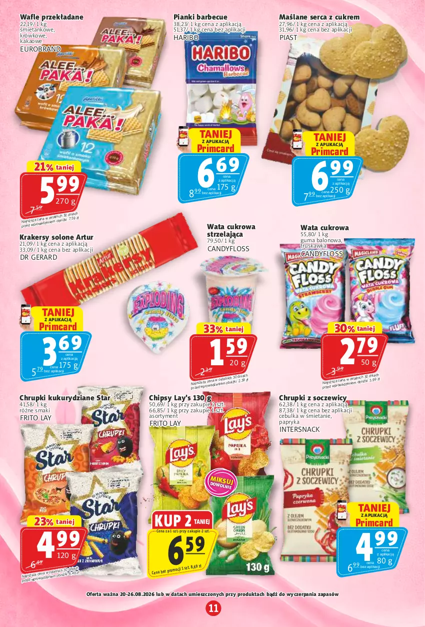 Gazetka promocyjna Prim Market - ważna 20.08 do 26.08.2026 - strona 11 - produkty: Artur, Candy, Chipsy, Chrupki, Dr Gerard, Haribo, Kakao, Krakersy, Papryka, Piast, Ser, Wata cukrowa