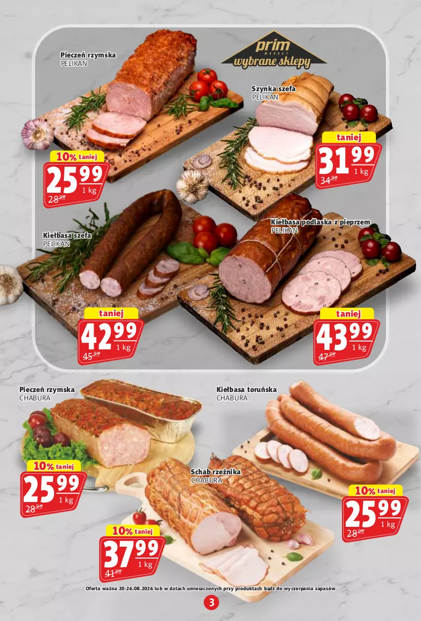 Gazetka promocyjna Prim Market - ważna 20.08 do 26.08.2026 - strona 3 - produkty: Fa, Kiełbasa, Piec, Pieczeń rzymska, Pieprz, Szynka