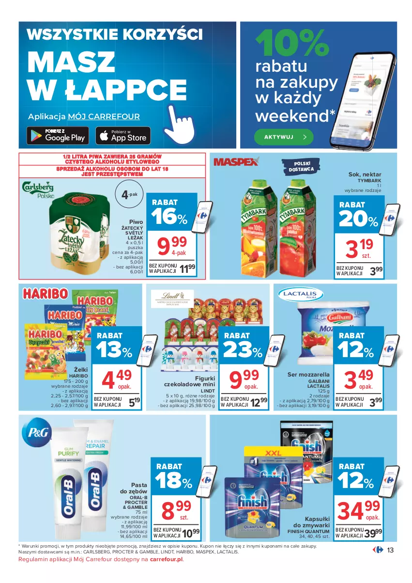 Gazetka promocyjna Carrefour - Gazetka Carrefour - ważna 07.12 do 12.12.2021 - strona 13 - produkty: Carlsberg, Finish, Galbani, Gra, Haribo, Lindt, Mozzarella, Nektar, Pasta do zębów, Piwa, Piwo, Ser, Sok, Tymbark, Zmywarki