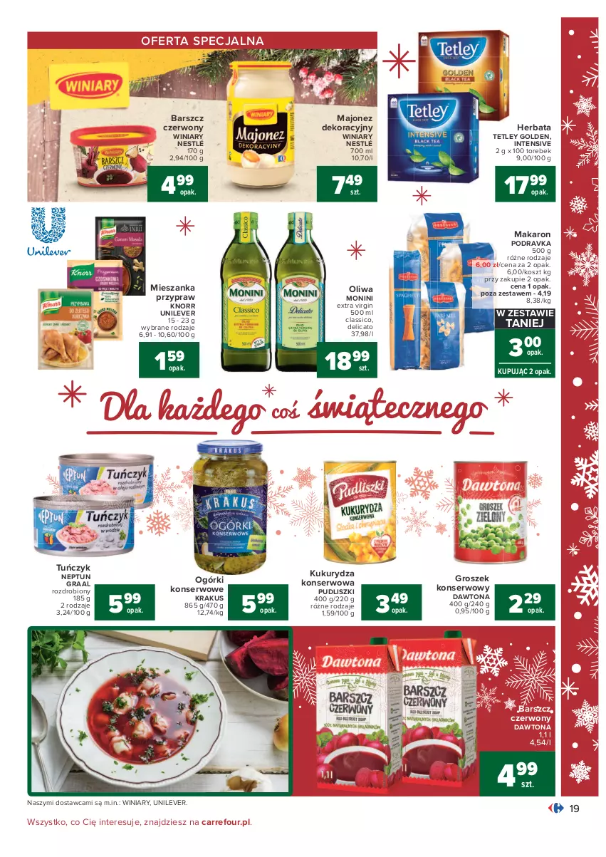 Gazetka promocyjna Carrefour - Gazetka Carrefour - ważna 07.12 do 12.12.2021 - strona 19 - produkty: Dawtona, Gin, Gra, Graal, Groszek, Herbata, Knorr, Kosz, Krakus, Kukurydza, Kukurydza konserwowa, Majonez, Makaron, Monini, Nestlé, Ogórki konserwowe, Podravka, Pudliszki, Ser, Tetley, Tuńczyk, Winiary