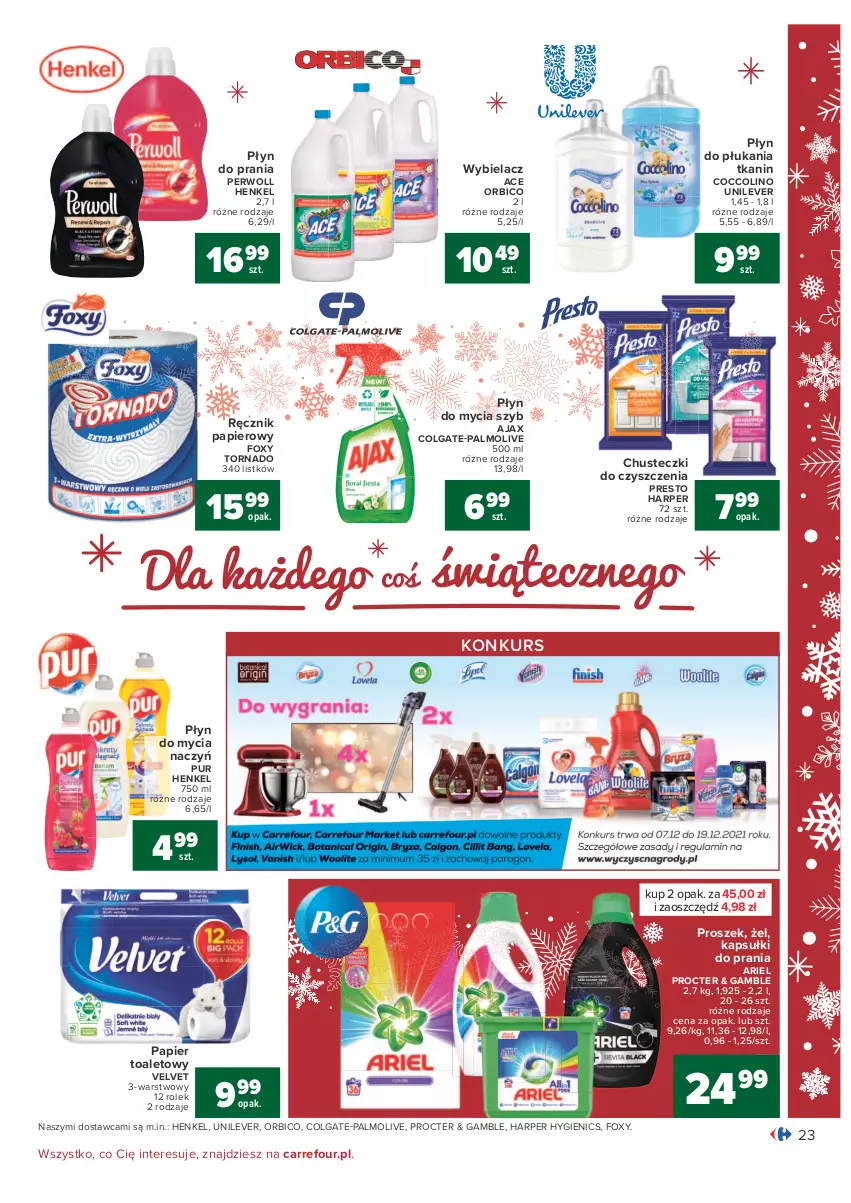 Gazetka promocyjna Carrefour - Gazetka Carrefour - ważna 07.12 do 12.12.2021 - strona 23 - produkty: Ajax, Ariel, BIC, Chusteczki, Chusteczki do czyszczenia, Coccolino, Colgate, Do mycia naczyń, Foxy, Kapsułki do prania, LG, Palmolive, Papier, Papier toaletowy, Perwoll, Płyn do mycia, Płyn do mycia naczyń, Płyn do płukania, Płyn do prania, Presto, Pur, Ręcznik, Velvet