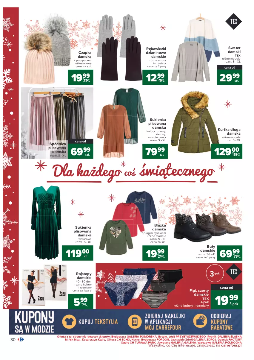 Gazetka promocyjna Carrefour - Gazetka Carrefour - ważna 07.12 do 12.12.2021 - strona 30 - produkty: Buty, Czapka, Fa, Figi, Kurtka, Mus, Rajstopy, Spódnica, Sukienka, Sweter, Szorty, Top