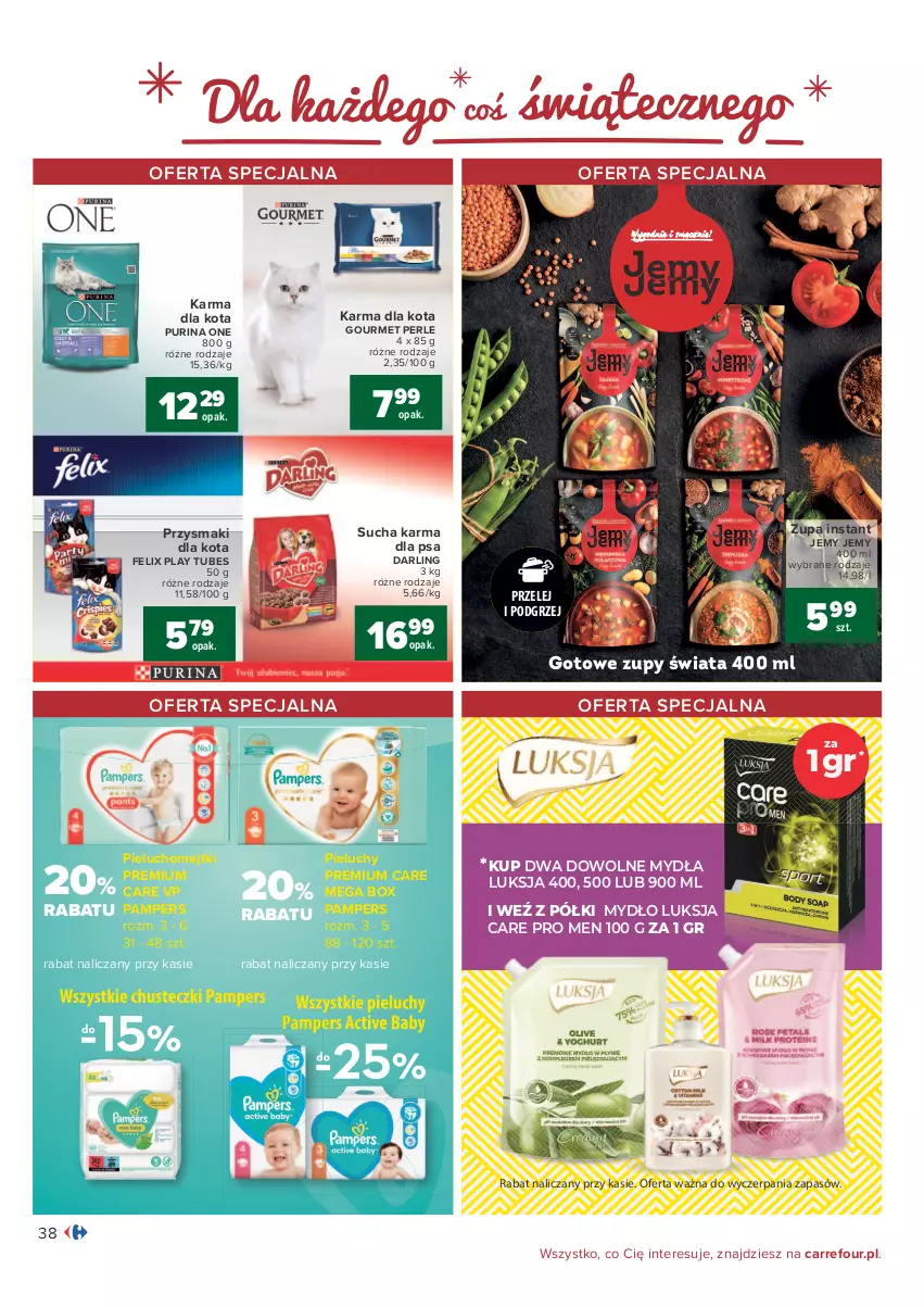 Gazetka promocyjna Carrefour - Gazetka Carrefour - ważna 07.12 do 12.12.2021 - strona 39 - produkty: Felix, Luksja, Majtki, Mydło, Pampers, Pieluchomajtki, Pieluchy, Przysmaki, Pur, Purina, Sucha karma, Zupa