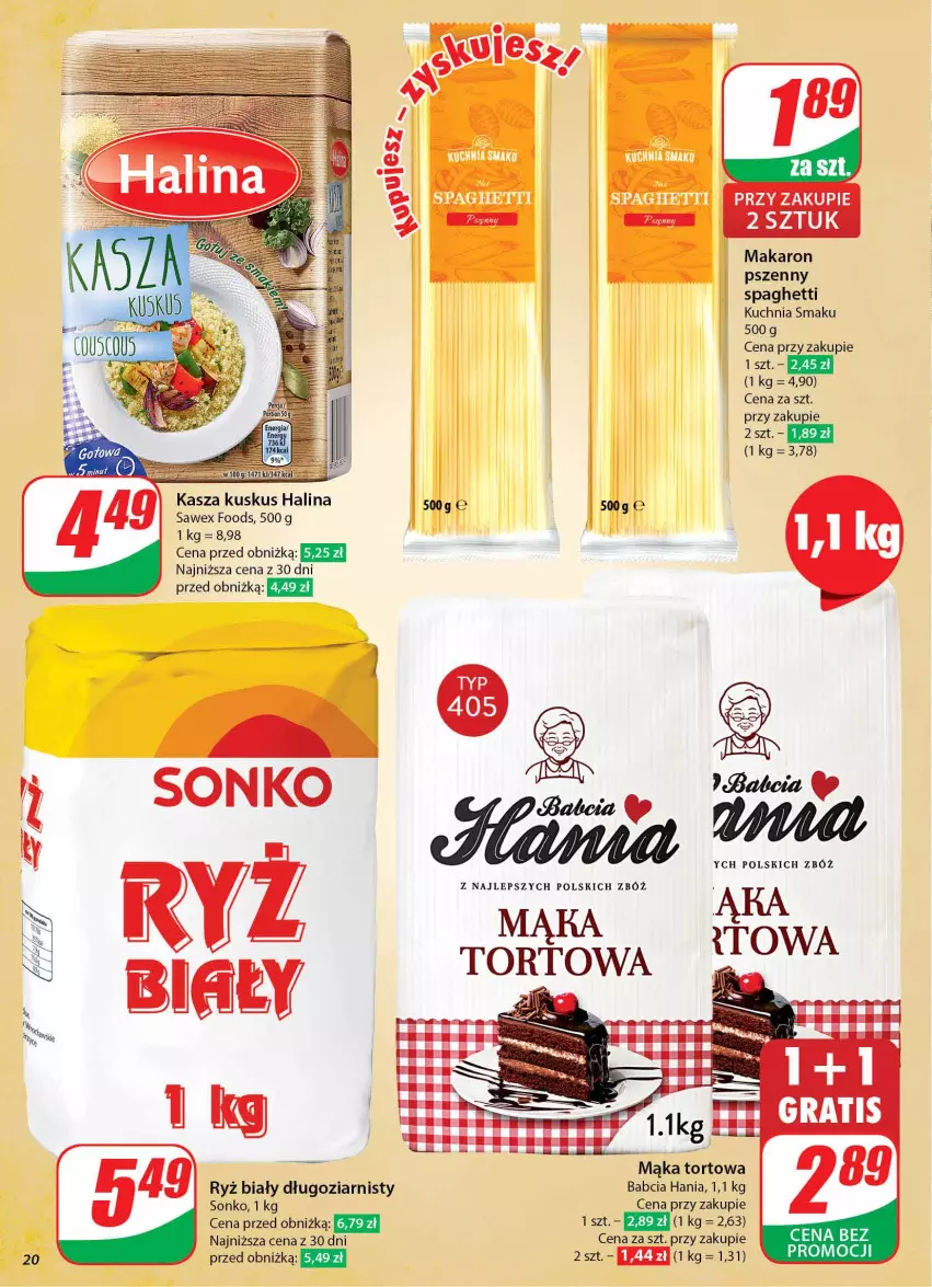 Gazetka promocyjna Dino - Gazetka 42 / 2024 - ważna 16.10 do 22.10.2024 - strona 20 - produkty: Gra, Kasza, Kuchnia, Kuskus, Mąka, Mąka tortowa, Makaron, Ryż, Ryż biały, Sonko, Spaghetti