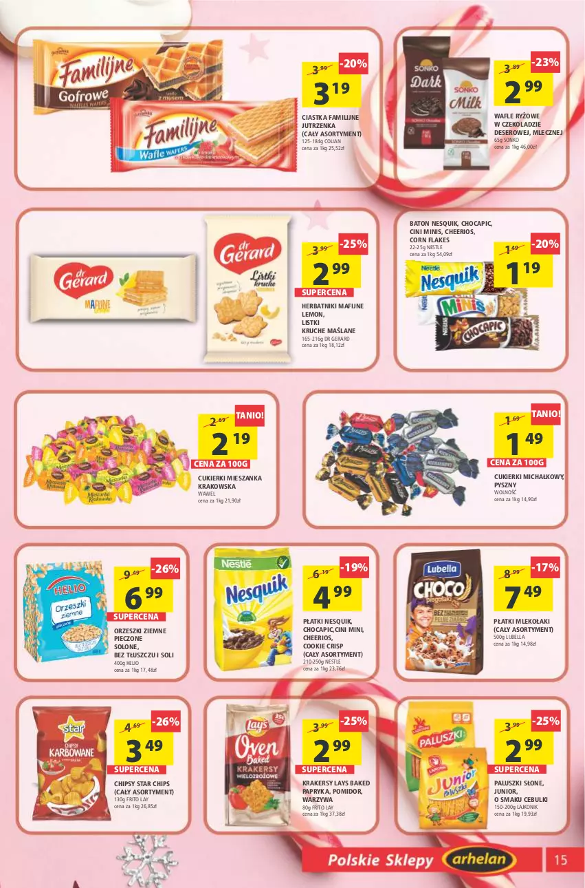 Gazetka promocyjna Arhelan - Gazetka - ważna 03.12 do 12.12.2021 - strona 15 - produkty: Baton, Bell, Bella, Cheerios, Chipsy, Ciastka, Cini Minis, Corn flakes, Cukier, Cukierki, Deser, Dr Gerard, Fa, Helio, Herbatniki, Herbatniki Mafijne, Jutrzenka, Krakersy, Lajkonik, Lubella, Mleko, Nesquik, Orzeszki, Orzeszki ziemne, Papryka, Piec, Ryż, Ser, Sonko, Wafle, Warzywa, Wawel