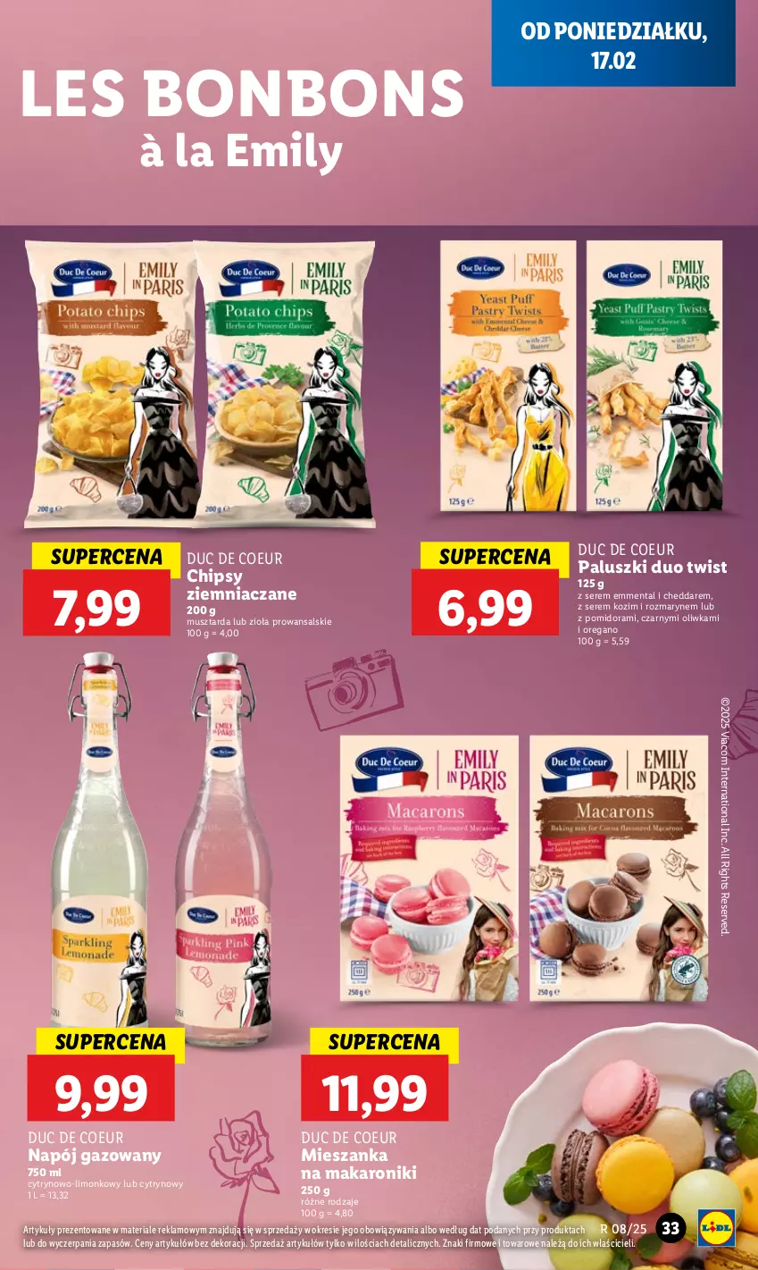 Gazetka promocyjna Lidl - GAZETKA - ważna 17.02 do 19.02.2025 - strona 35 - produkty: Cheddar, Chipsy, Emmental, Makaron, Mus, Musztarda, Napój, Napój gazowany, Ser