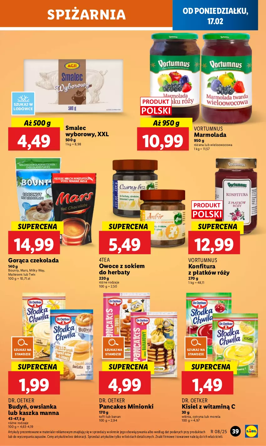 Gazetka promocyjna Lidl - GAZETKA - ważna 17.02 do 19.02.2025 - strona 41 - produkty: Bounty, Budyń, Czekolada, Dr. Oetker, Kisiel, Konfitura, Marmolada, Mars, Milky Way, Mola, Morela, Owoce, Owsianka, Róża, Ser, Smalec, Sok, Twix