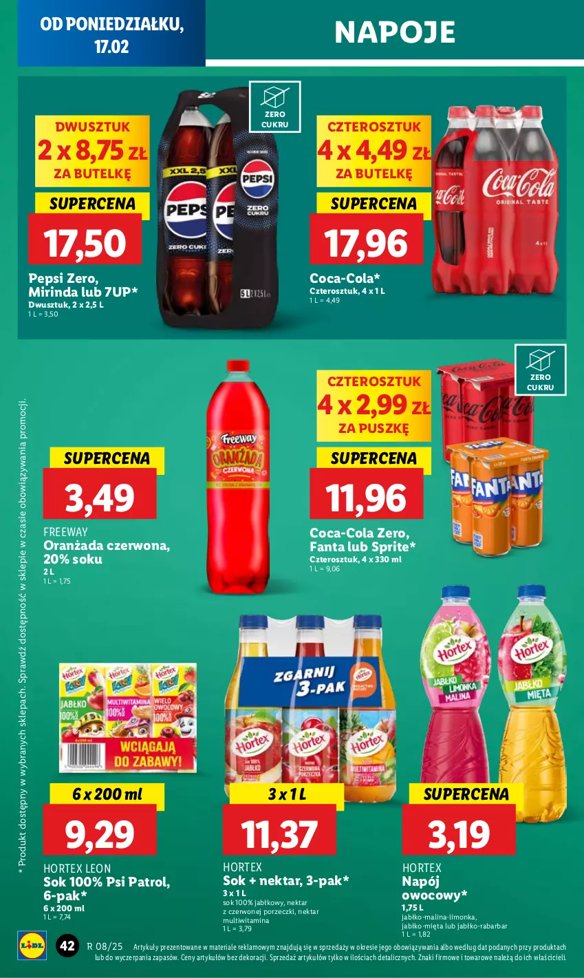 Gazetka promocyjna Lidl - GAZETKA - ważna 17.02 do 19.02.2025 - strona 44 - produkty: 7up, Coca-Cola, Fa, Fanta, Hortex, Leon, Limonka, Mięta, Mirinda, Napój, Napoje, Nektar, Oranżada, Pepsi, Por, Psi Patrol, Sok, Sprite