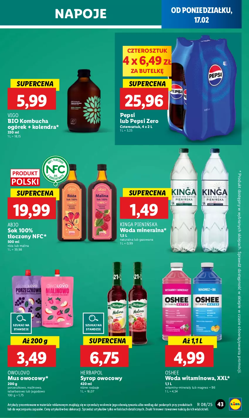 Gazetka promocyjna Lidl - GAZETKA - ważna 17.02 do 19.02.2025 - strona 45 - produkty: Herbapol, Kolendra, Magnez, Mus, Napoje, Ogórek, Oshee, Pepsi, Por, Róża, Sok, Syrop, Woda, Woda mineralna