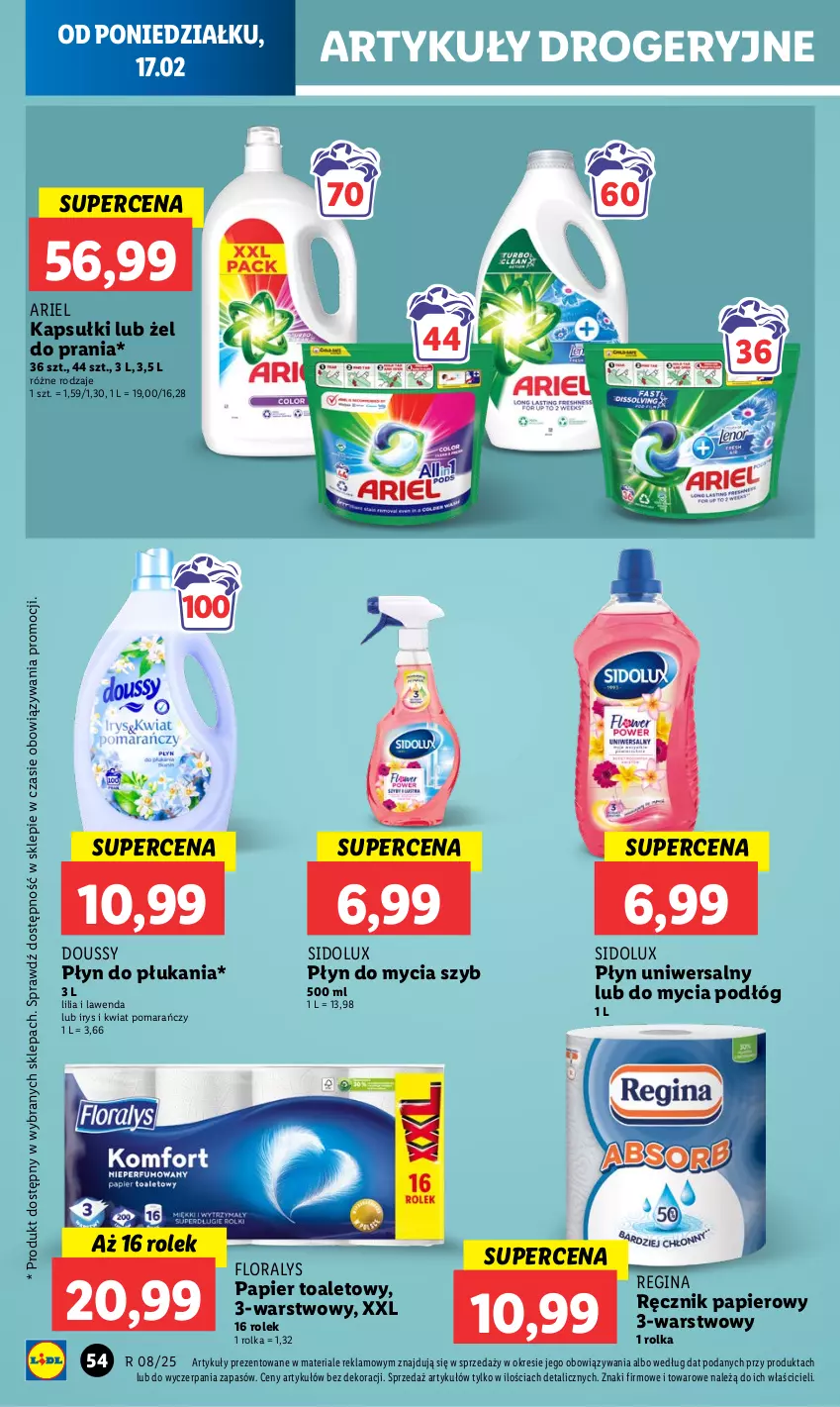 Gazetka promocyjna Lidl - GAZETKA - ważna 17.02 do 19.02.2025 - strona 56 - produkty: Ariel, Flora, Gin, Papier, Papier toaletowy, Płyn do mycia, Płyn do płukania, Ręcznik, Sidolux