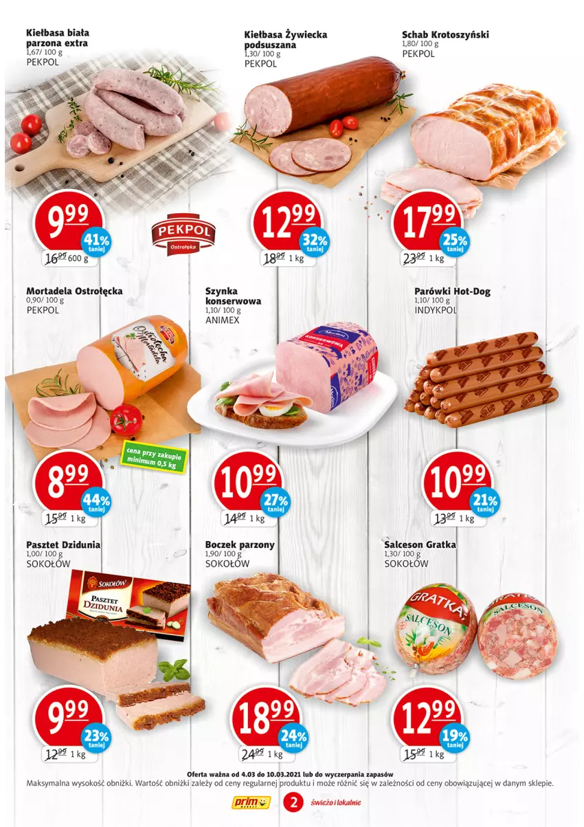 Gazetka promocyjna Prim Market - Gazetka - ważna 04.03 do 10.03.2021 - strona 2 - produkty: Boczek, Kiełbasa, Kiełbasa biała, Parówki, Pekpol, Salceson, Schab krotoszyński, Ser, Sok, Sokołów