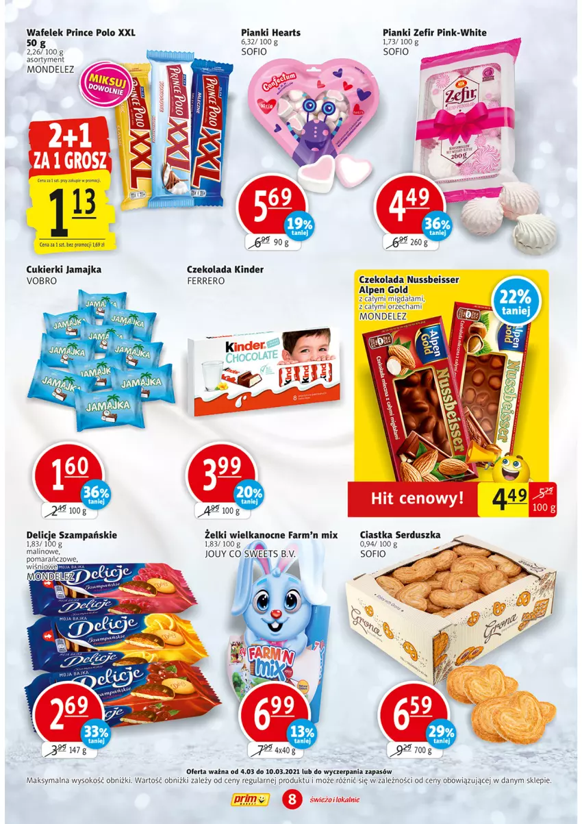 Gazetka promocyjna Prim Market - Gazetka - ważna 04.03 do 10.03.2021 - strona 8 - produkty: Ciastka, Cukier, Cukierki, Czekolada, Delicje, Fa, Ferrero, Kinder, Prince Polo, Ser, Sok, Wafelek