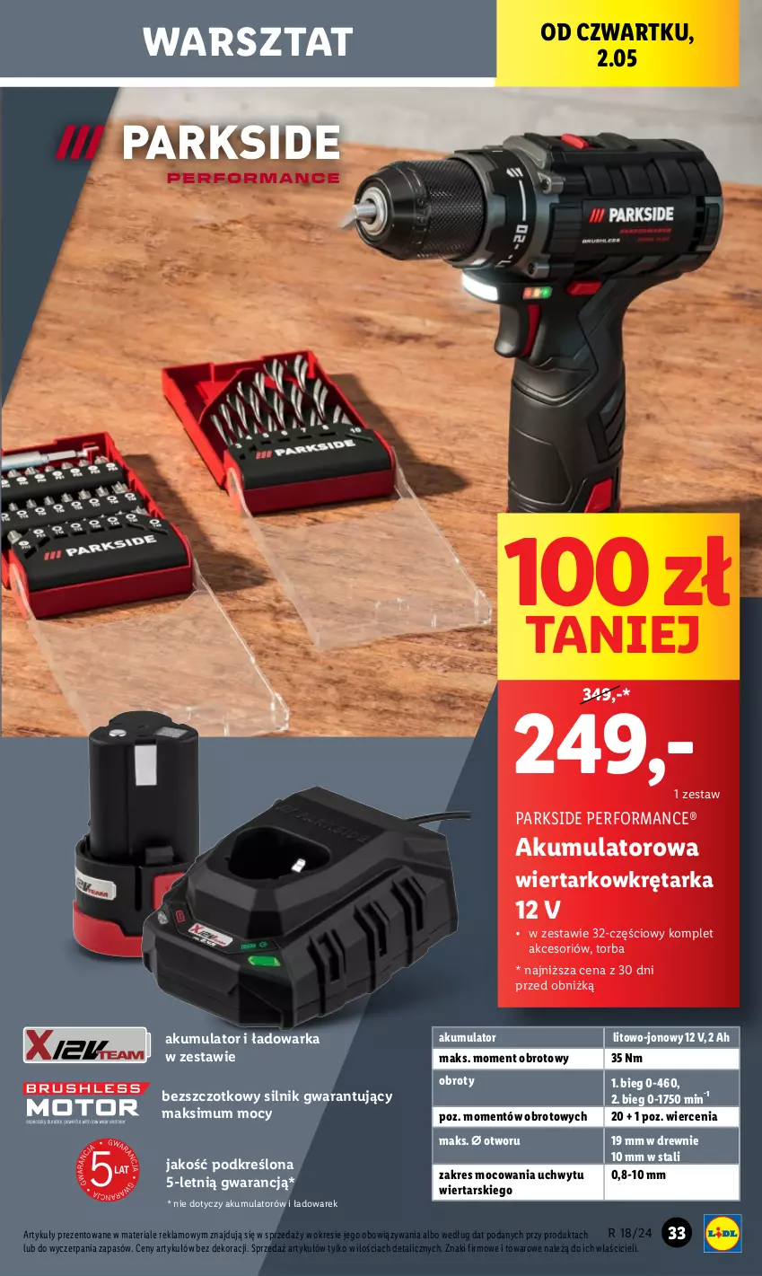 Gazetka promocyjna Lidl - GAZETKA - ważna 29.04 do 04.05.2024 - strona 35 - produkty: Akumulator, Akumulatorowa wiertarkowkrętark, Parkside, Tarka, Torba, Warka, Wiertarkowkrętarka, Wkręt, Wkrętarka