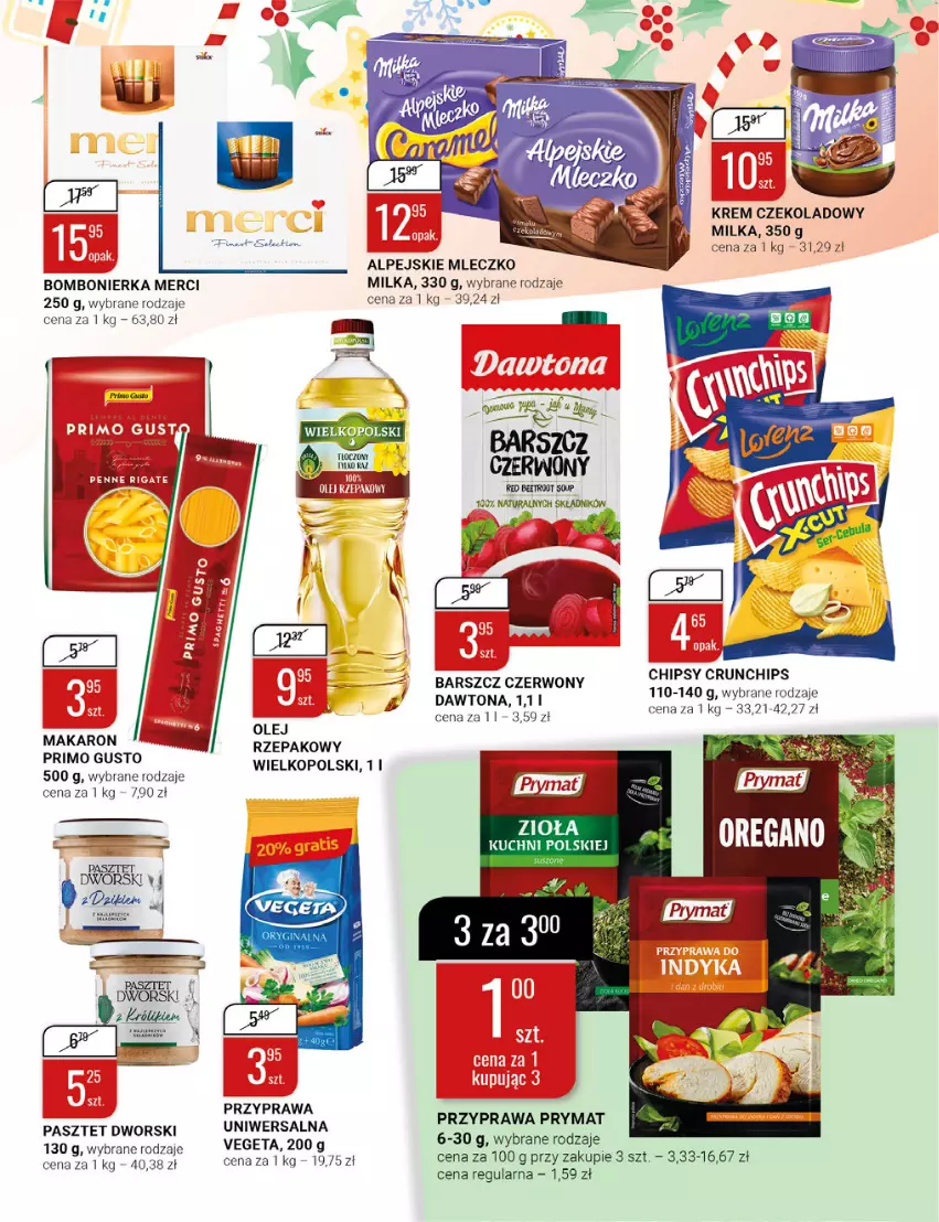 Gazetka promocyjna Bi1 - Świąteczne okazje - ważna 30.11 do 13.12.2022 - strona 11 - produkty: Chipsy, Crunchips, Dawtona, Królik, Makaron, Merci, Milka, Mleczko, Olej, Olej rzepakowy, Pasztet, Prymat, Przyprawa uniwersalna, Vegeta